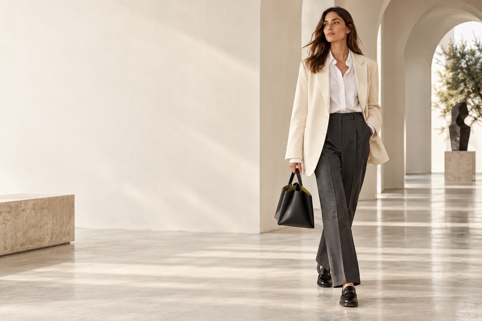 Model in a cream jacket and tailored charcoal trousers in a bright architectural space